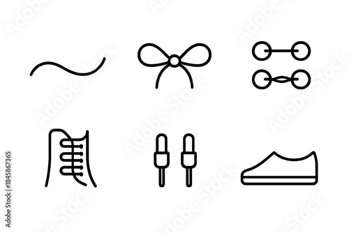 Shoelace Fastening Icons. Line style vector icons of shoelace fastening concepts: curved string path, crisp knot loop, doubled