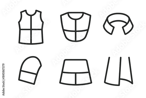 Segmented Clothing Icons. Line style vector icons of segmented clothing shells: divided torso piece, separated chest plate,
