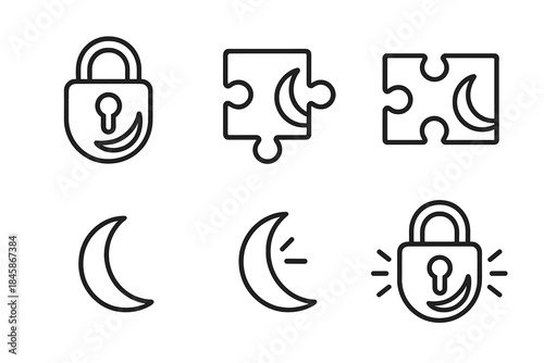 Mystery Lunar Lock Icons. Line style vector icons of locked mystery lunar mark: compact lock silhouette, fine key slot, interfit