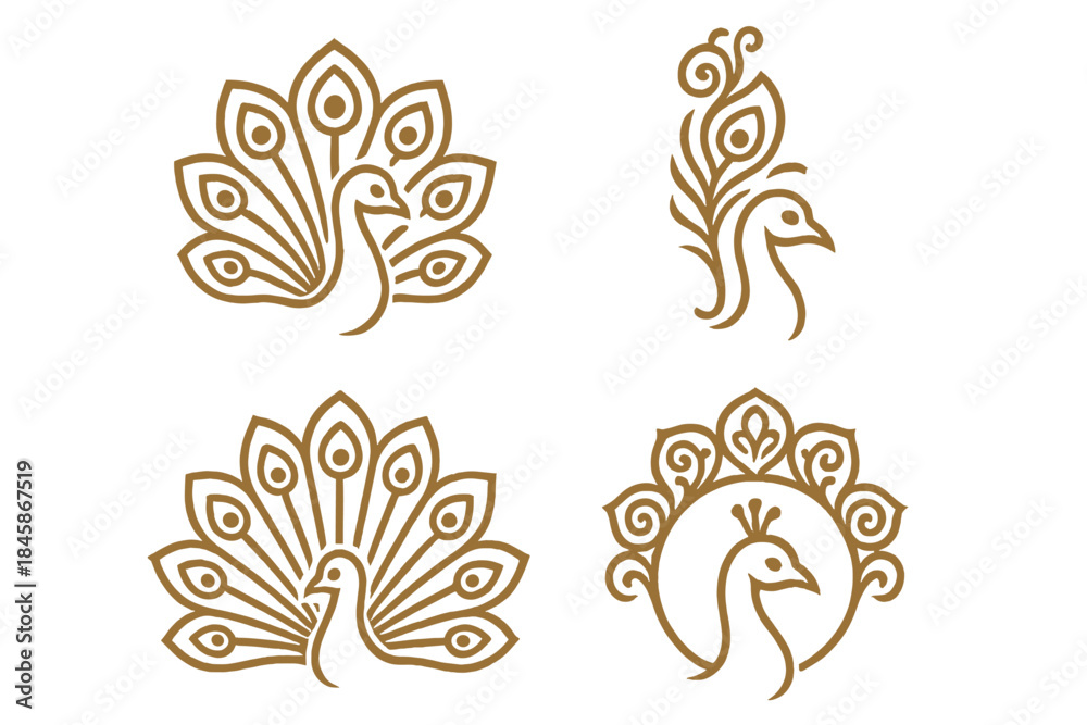 Fototapeta premium Visionary Ornamental Icons. Icons for: an ornamental tail echoing visual clarity, a lavish plume mirroring steady sight, a grand