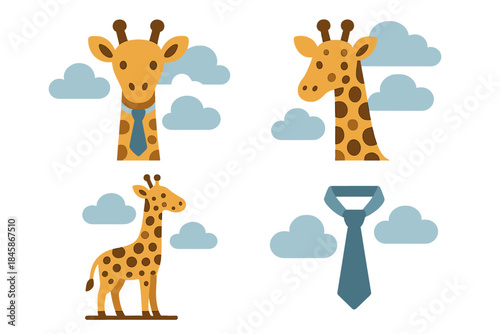 Giraffe Cloud Necktie. Icons for: Giraffe Cloud Necktie, a tall creature beneath drifting vapor, a spotted figure meeting soft sky