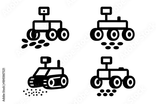 Seeds and Rover. Icons for: seeds scattered before a busy rover, small kernels arranged near a tireless mover, fine grains lying