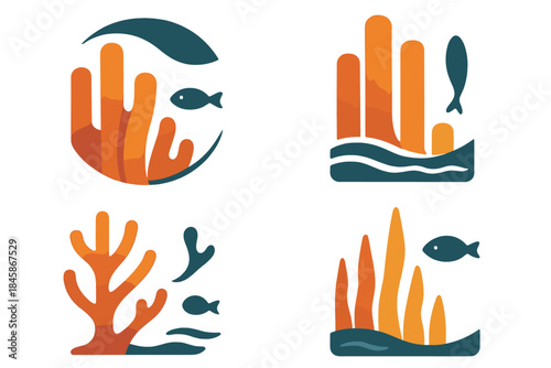 Coral and Marine Icons. Icons for: coral towers meeting a curved marine shape, reef columns touching a slim drifter, branching