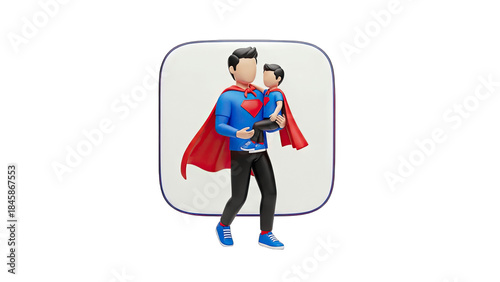 Superhero Father Carrying Son, 3D Render