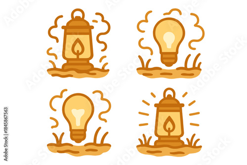 Warm Lantern in Mist. Icons for: a warm lantern standing in boggy air, a glowing light resting in marsh humidity, a bright bulb