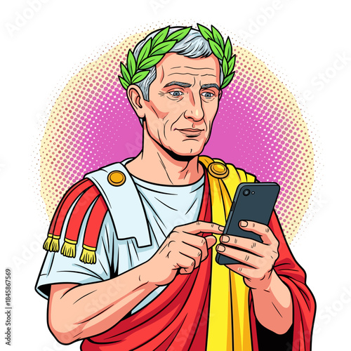 Julius Caesar reading news on smartphone, pop art flat vector illustration