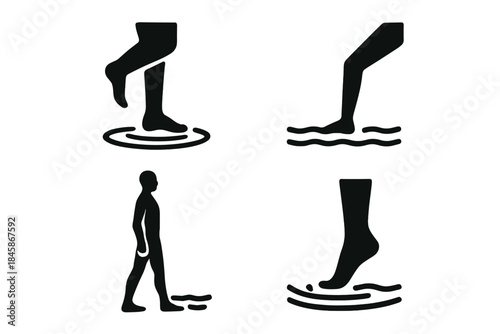 Graceful Waterside Poses. Icons for: a lifted leg near smooth ripples, a long limb above quiet shine, a poised stance facing still