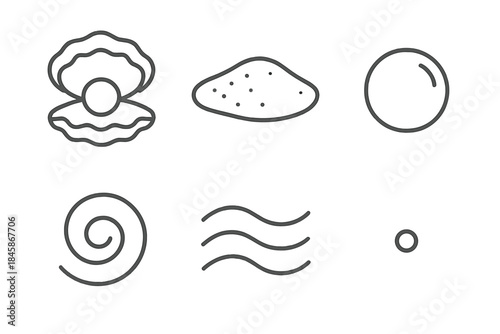 Oyster Pearl Icons. Line vector icons of Oyster Sand Pearl: oyster form, sand patch, small pearl, bubble curl, ripple bead, tiny