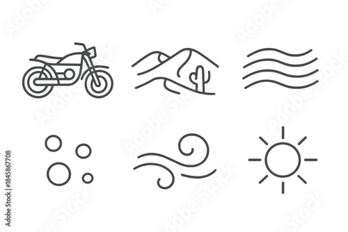 Motorcycle Desert Icons. Line vector icons of Motorcycle Desert Dunes: motorcycle form, desert dune, sand ripple, dust bead, wind