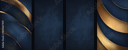 An elegant abstract background with vertical panels in deep navy blue and flowing golden waves