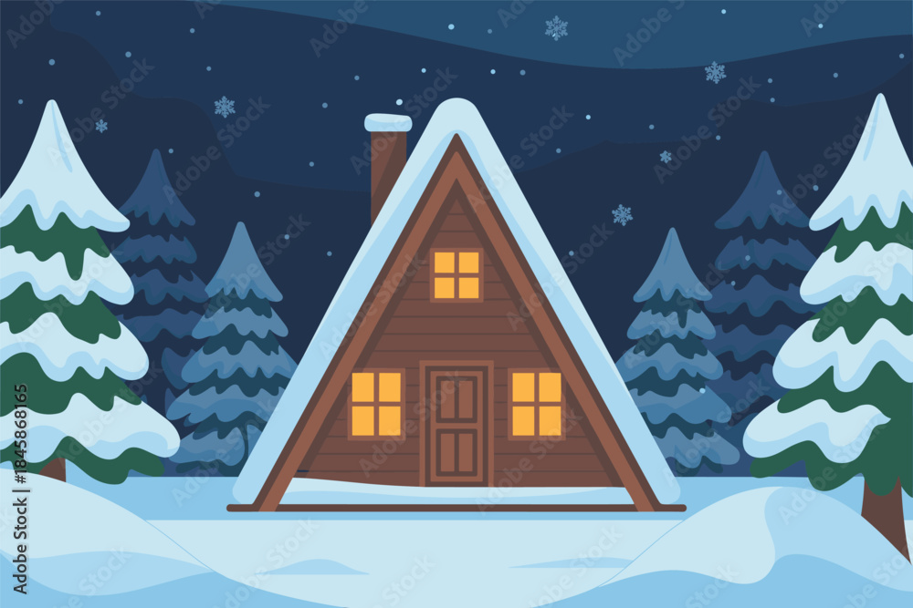 Fototapeta premium Cozy A-Frame Cabin in a Snowy Winter Night