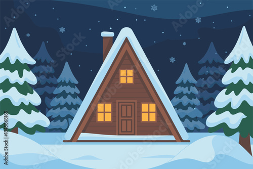 Cozy A-Frame Cabin in a Snowy Winter Night