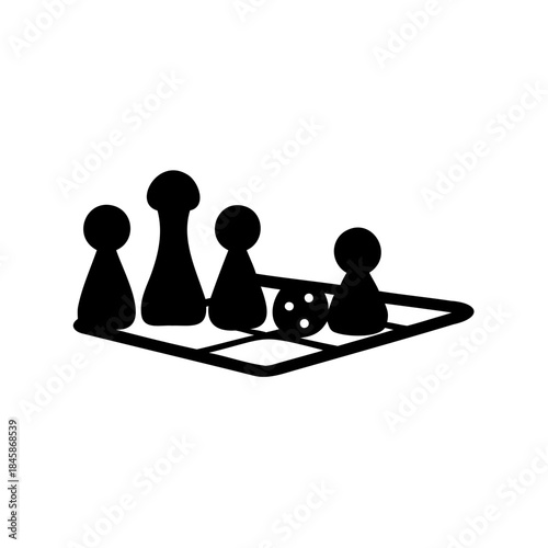Minimalist black and white illustration of classic board game pieces with a die on a grid