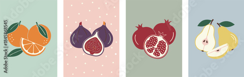 Set of Minimalist Botanical Fruit Posters: Healthy Vector Illustrations Featuring Oranges, Figs, Pomegranates, and Pears for Menu Design and Kitchen Decor.
