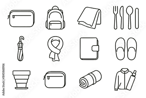 Collapsible pouch travel vector document minimal toiletries cutlery reusable backpack icon icons