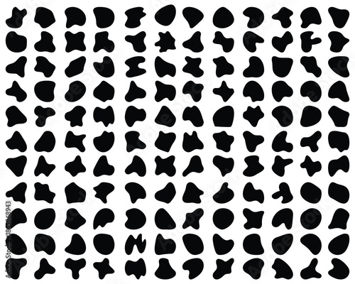 Random irregular shapes of organic black blobs on a white background