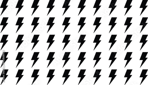 Seamless Black Lightning Bolt Vector Pattern: Electric Power and Energy Symbol Background for Minimalist Design, Rock Music Posters, and Clothing Prints.