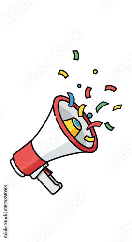 Vibrant cartoon megaphone bursting with colorful confetti for celebration and promotion.