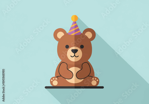 Cute Cartoon Bear Wearing Party Hat Sitting on Teal Background.