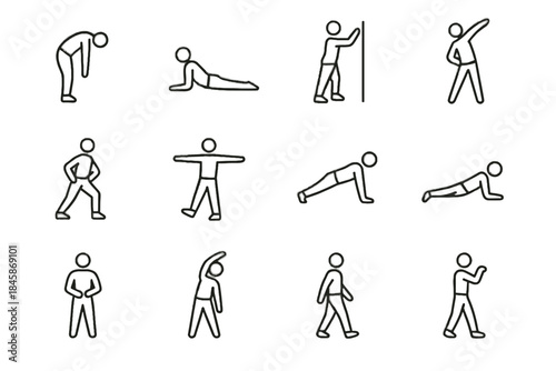 Mobility back stance wall breathing gentle opener step vector side workout icons