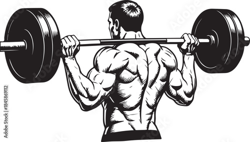 Powerful muscular bodybuilder man lifting heavy barbell during intense back squat workout session, showcasing strength and fitness goals.