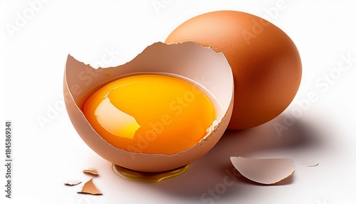 broken chicken egg with a vibrant yellow yolk and a cracked brown shell on a white background