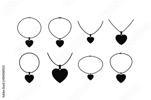 heart pendant necklace silhouette vector set