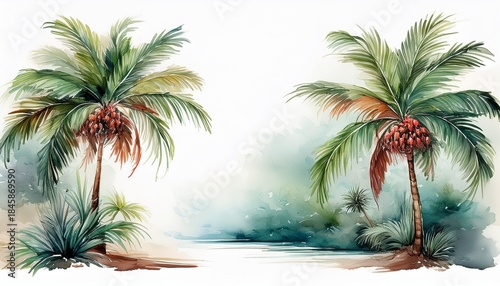 pair of tropical palm fonds in watercolor style