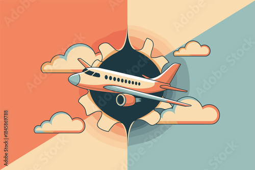 Retro Airplane Flying Through a Gear Portal