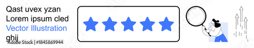 Customer feedback, quality assurance, evaluation, online ratings, user satisfaction, performance review. Five blue stars with a figure examining a magnifying glass. Quality assurance and customer