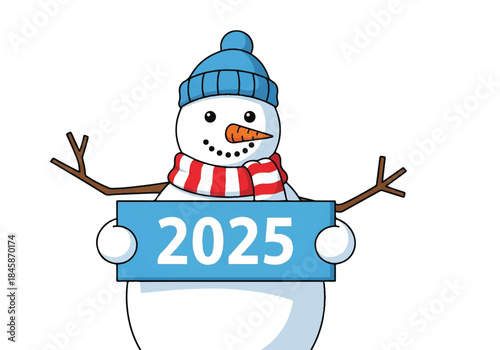 Friendly Snowman Holding 2025 Sign in a Bright Winter Scene.