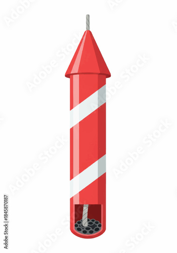 Red and white striped rocket firework standing upright with a darkened nozzle base.