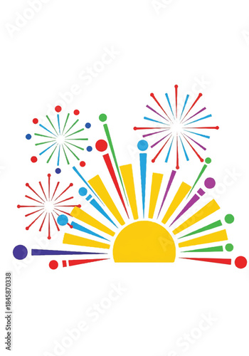 Vibrant Firework Display Over a Sunny Sunrise Landscape Celebrations.