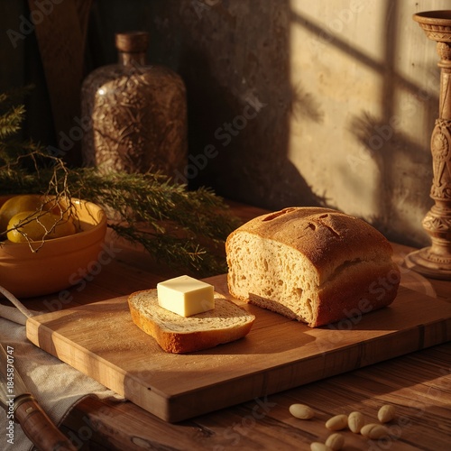 Rustic Bread and Butter in Cozy Farmhouse Kitchen with Warm Light