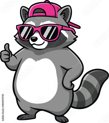 A fun cartoon raccoon wearing a cool pink baseball cap and stylish sunglasses, giving a cheerful thumbs up gesture. isolated character.