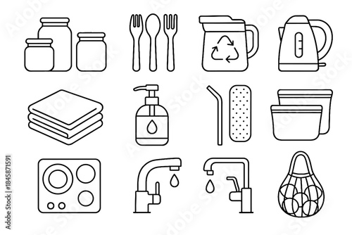 Icon tote friendly silicone dispenser glass cloth kitchen faucet induction eco vector