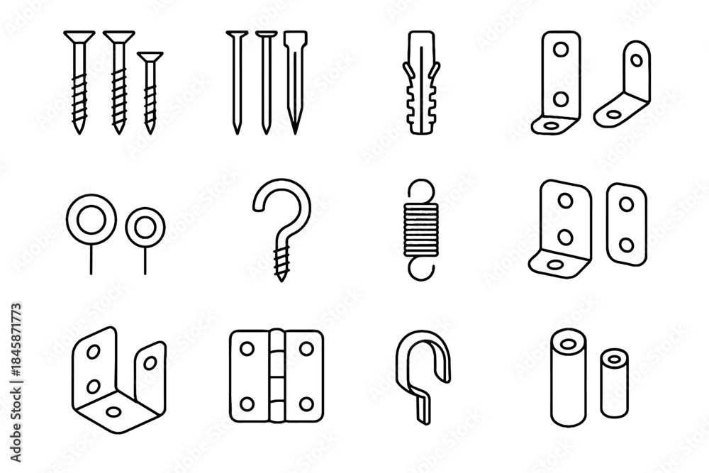 Obraz premium Pieces corner hinge hardware brackets wire plugs vector wall screws icon grid