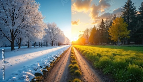 Path splits, showing stark winter trees with snow on left and vibrant summer grass field on right. Sun sets behind forest trees, casting warm light on green meadow.