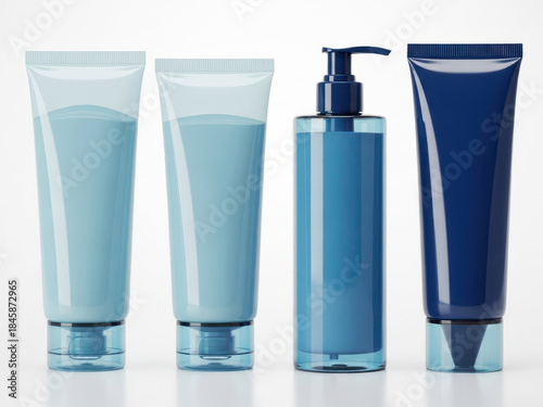 Collection of blue cosmetic bottles and tubes on white background