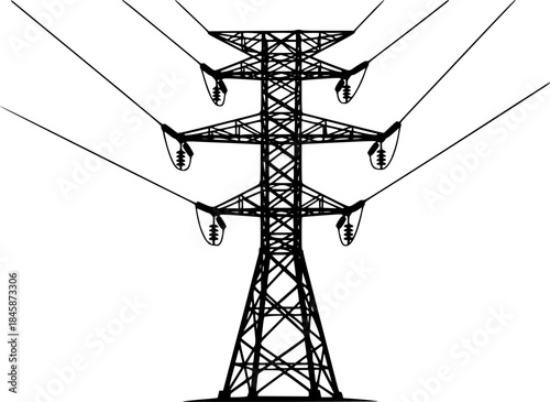 High-voltage electricity pylon icon, power grid, energy transmission vector silhouette illustration isolated on white background
