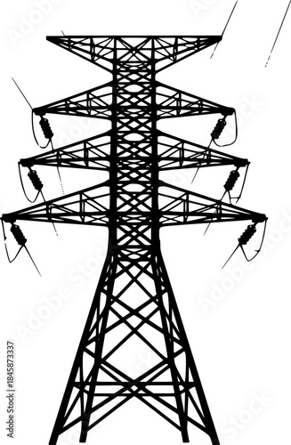 High-voltage electricity pylon icon, power grid, energy transmission vector silhouette illustration isolated on white background
