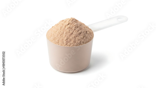 Protein powder supplement in a scoop