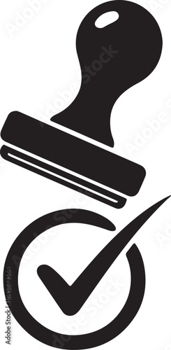 Approved rubber stamp icon with checkmark symbol illustrating success, validation, quality assurance, and completed tasks on white background