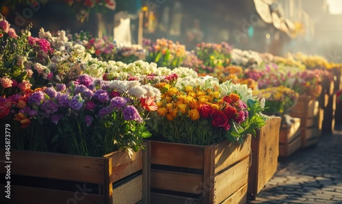 Scenic flower market with colorful fresh bouquets displayed in wooden crates, soft early morning light enhancing the vibrant tones, perfect for gardening and floral themes,