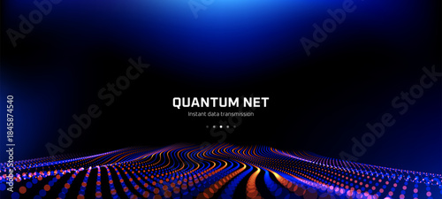 Digital wave of colorful dots on dark background. Abstract technology particle grid for web banner template. Quantum net abstract concept.