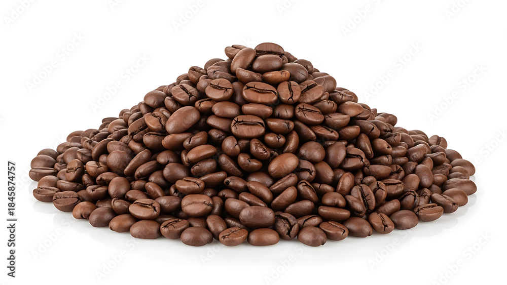 Obraz premium Aromatic roasted brown coffee beans pile on white background