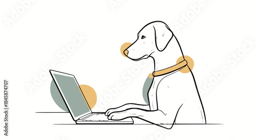 Dog, typing on laptop, minimalism, duotone, background white