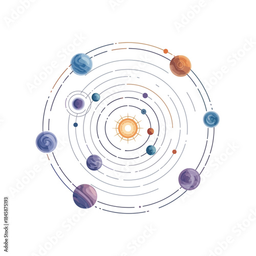 Captivating abstract illustration of a vibrant cosmic solar system, featuring diverse planets orbiting a radiant sun along stylized dashed lines, embodying celestial harmony and astronomical marvels