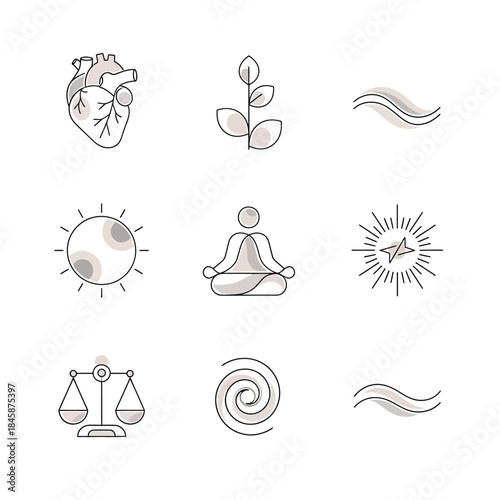 Collection of diverse wellness and health icons including a heart, plant, sun, meditation, scales, and abstract elements