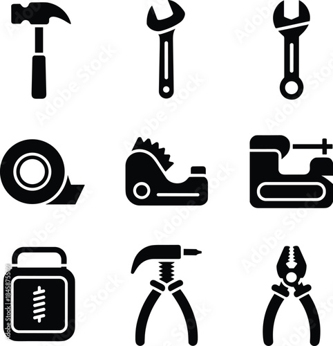 A collection of black silhouette icons representing essential tools for construction and home improvement